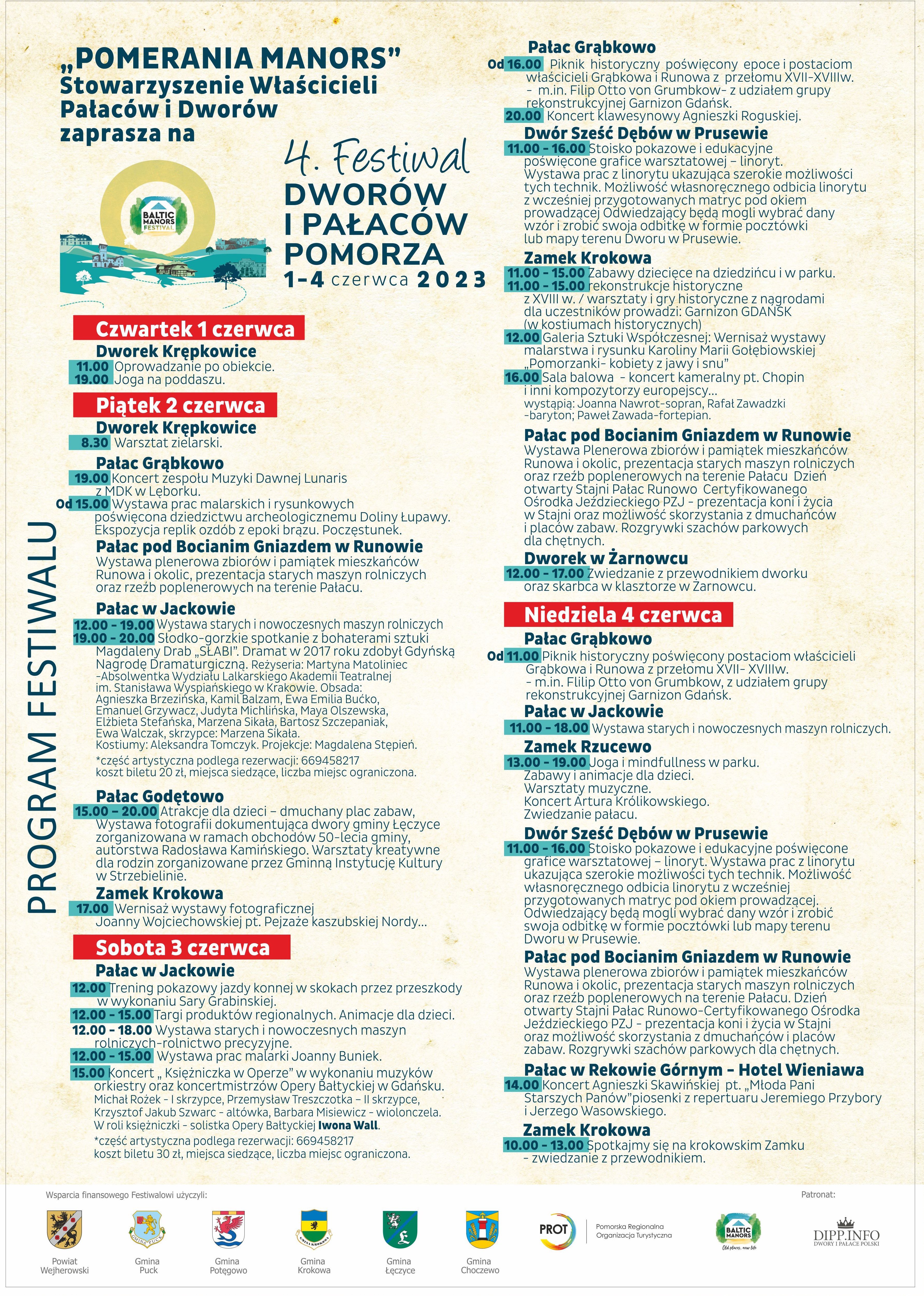 Plakat przedstawiający program festiwalu Dworów i Pałaców Pomorza 2023 r