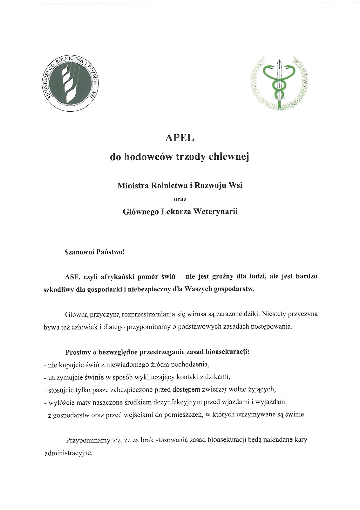 Apel do hodowców trzody chlewnej w sprawie ASF