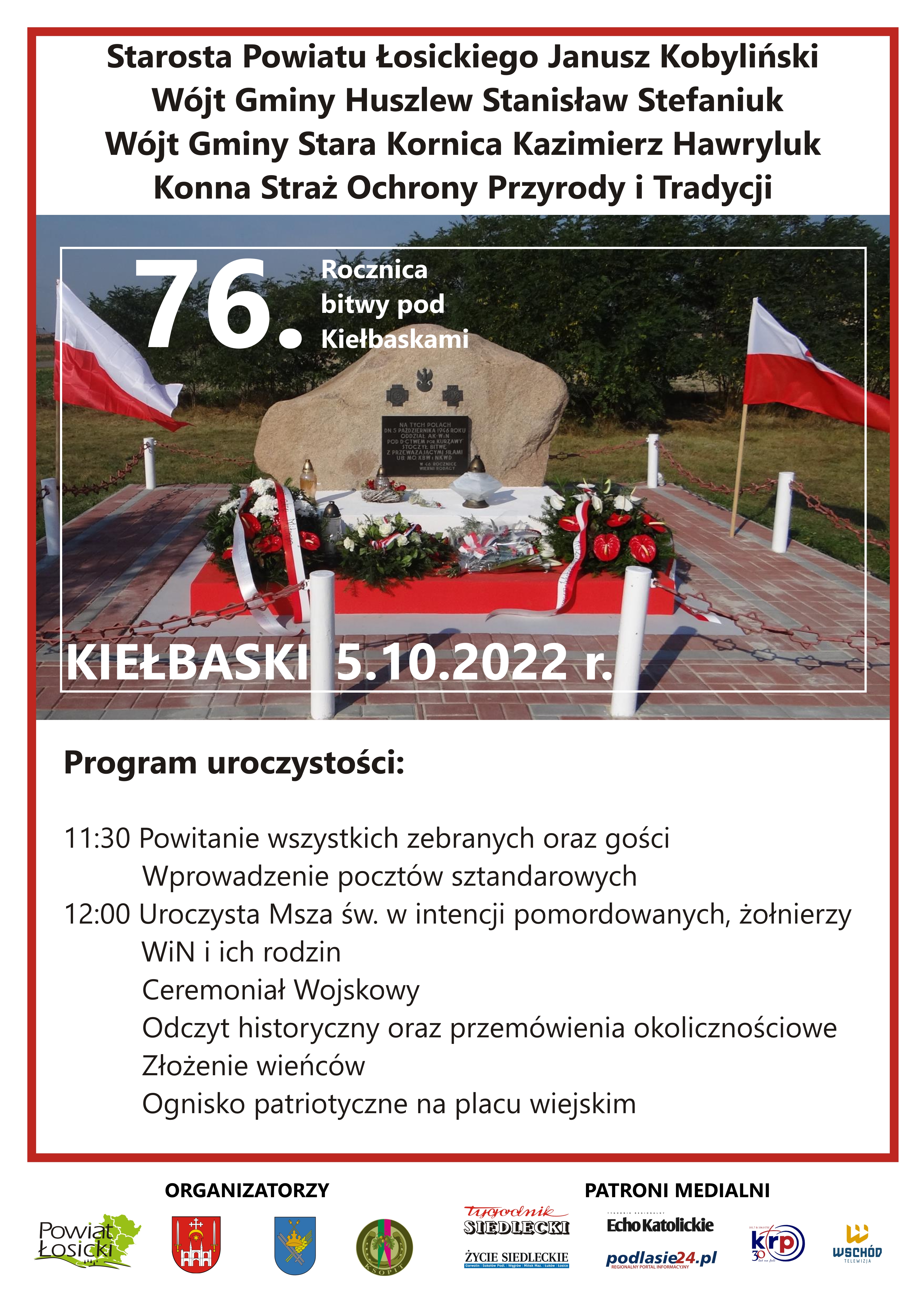 Zaproszenie na uroczystość 76. rocznicy bitwy pod Kiełbaskami
