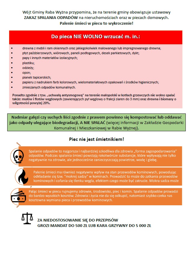 Wójt Gminy Raba Wyżna przypomina, że na terenie gminy obowiązuje ustawowy ZAKAZ SPALANIA ODPADÓW na nieruchomościach oraz w piecach domowych. Palenie śmieci w piecu to wykroczenie! Do pieca NIE WOLNO wrzucać m. in.:drewna z mebli i ram okiennych oraz jakiegokolwiek malowanego lub impregnowanego drewna; płyt paździerzowych, wiórowych, paneli podłogowych, desek parkietowych, dykt; papy i innych materiałów izolacyjnych; plastiku; odzieży; opon; pianek tapicerskich; papieru z nadrukiem farb kolorowych, wielomateriałowych opakowań i środków higienicznych; zmieszanych odpadów komunalnych. Ponadto zgodnie z tzw. „uchwałą antysmogową” na terenie małopolski w kotłach grzewczych nie wolno spalać także: mułów i flotów węglowych (zawierających pył węglowy o frakcji ziaren do 3 mm) oraz drewna i biomasy o wilgotności powyżej 20%. Piec nie jest śmietnikiem! ZA NIEDOSTOSOWANIE SIĘ DO PRZEPISÓW GROZI MANDAT DO 500 ZŁ LUB KARA GRZYWNY DO 5 000 ZŁ