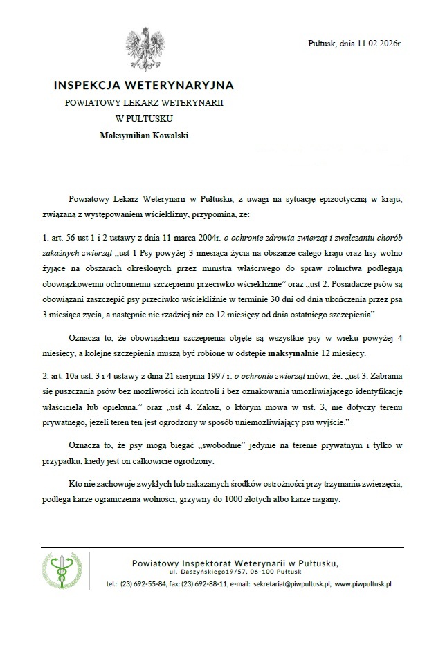 Informacja Powiatowego Lekarza Weterynarii w Pułtusku