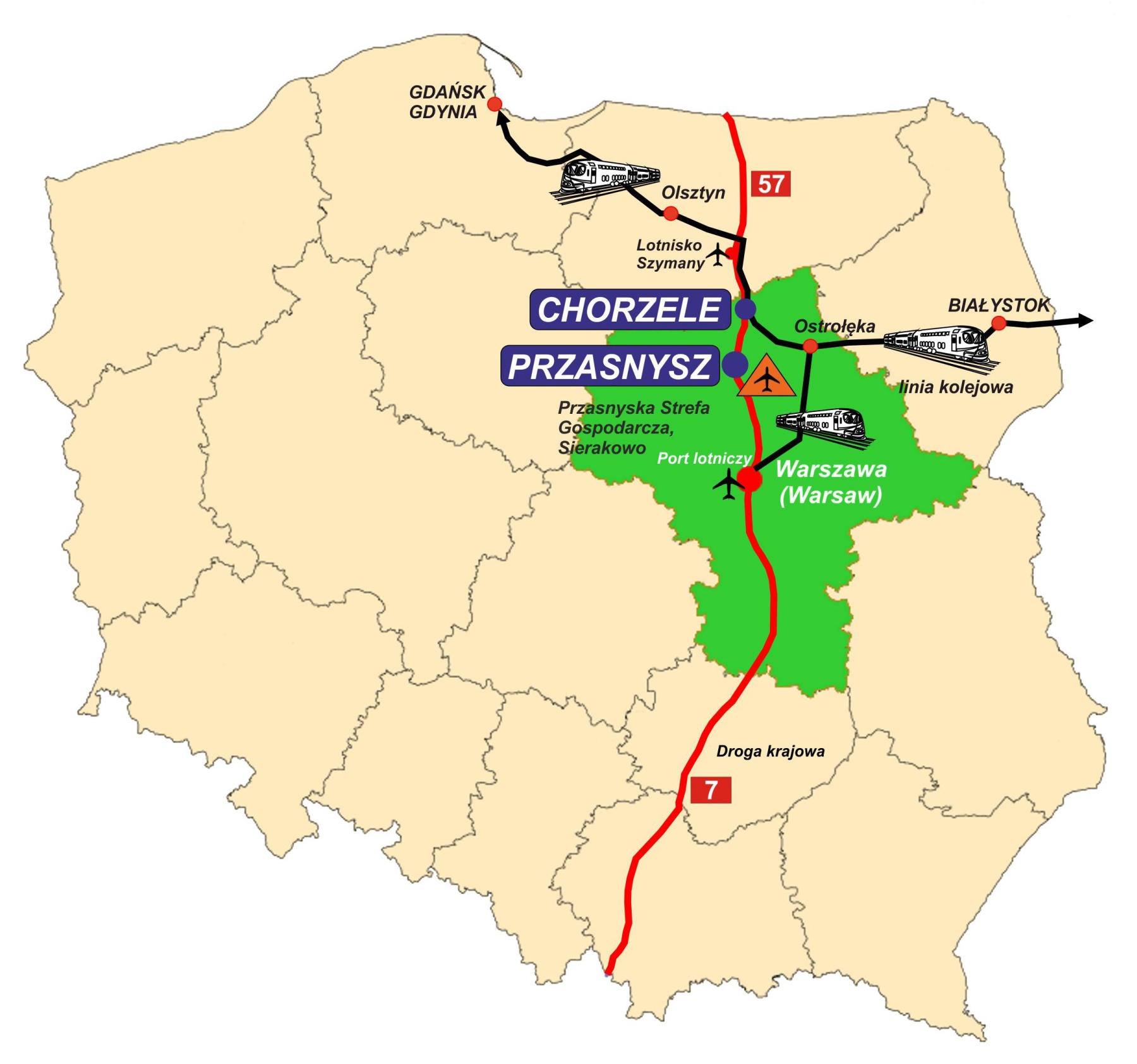 Mapa Polski z naniesionym województwem mazowieckim i miastami Przasnysz i Chorzele w postaci punktów wraz z naniesionymi drogami i liniami kolejowymi