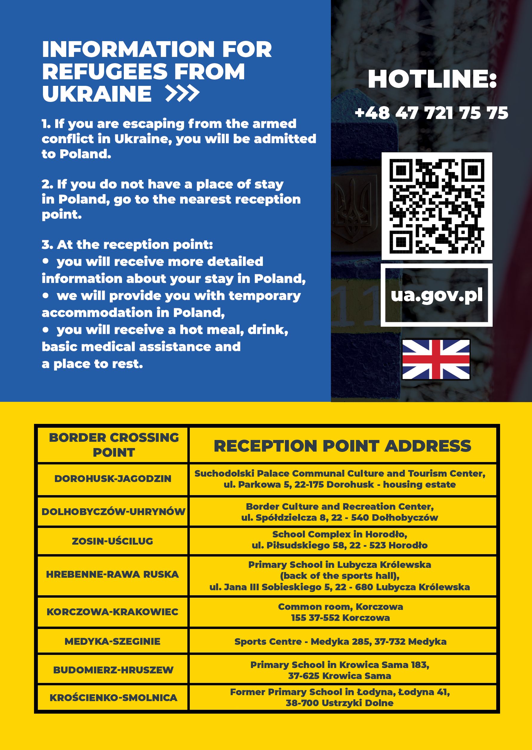 Plakat informacja dla uchodźców z Ukrainy w języku angielskim