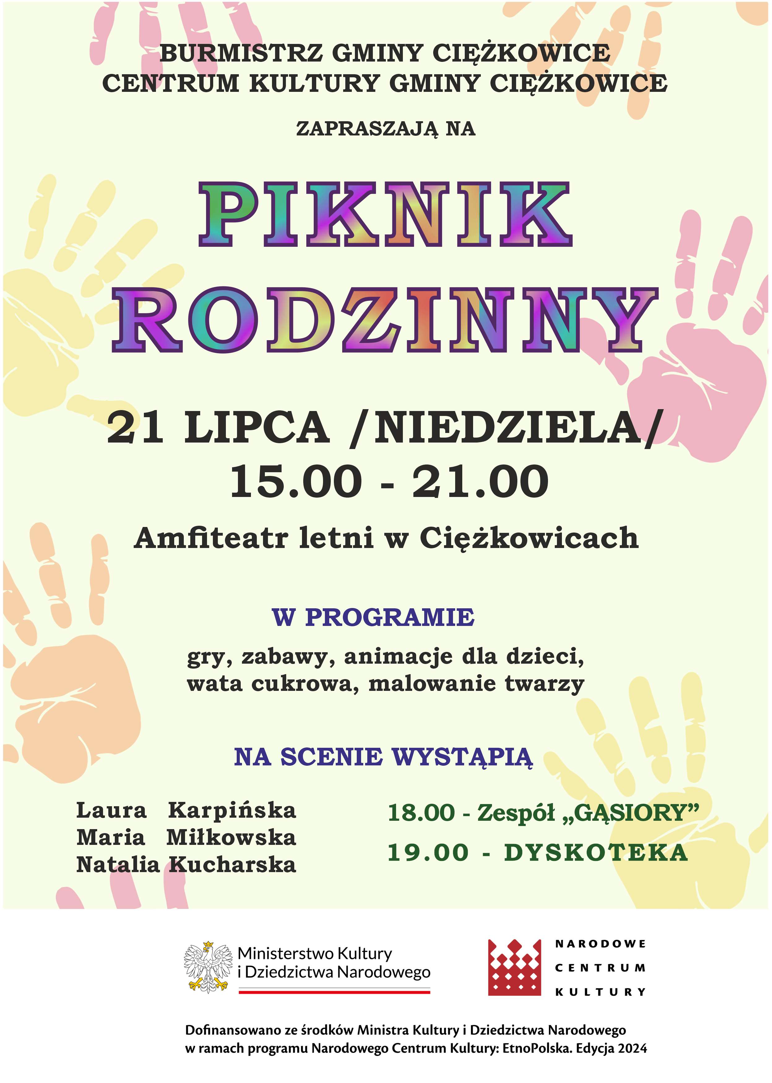 Plakat informacyjny o pikniku rodzinnym w Ciężkowicach