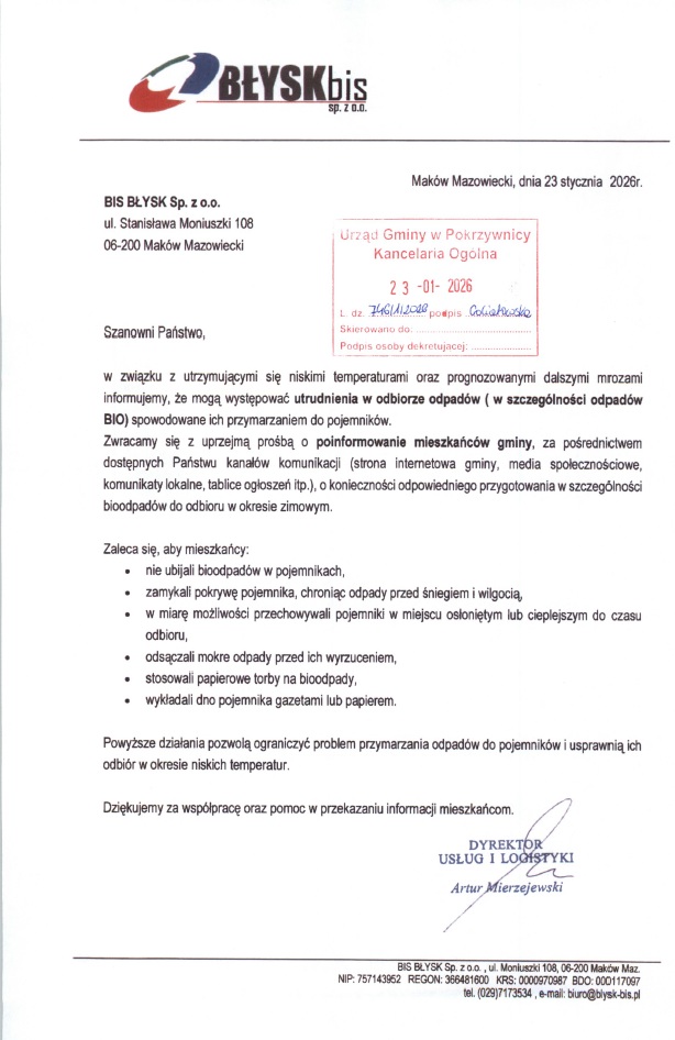 Informacja o odbiorze odpadów w okresie zimowym 