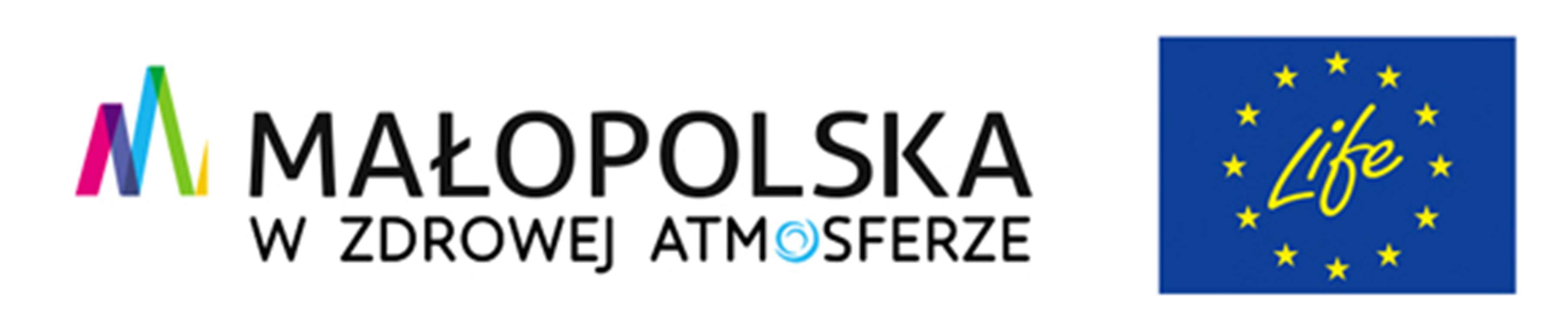 zdjęcie prezentuje logotyp Małopolska w zdrowej atmosferze oraz logo Life: na niebieskim tle koło z żółtych gwiazd w środku napis Life