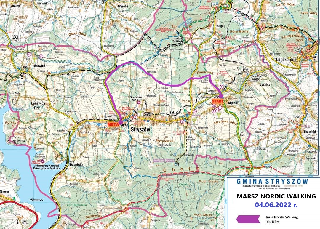 Mapa topograficzna Gminy Stryszów z naniesionym na fioletowo szlakiem marszu nordic walking w dniu 4 czerwca 2022