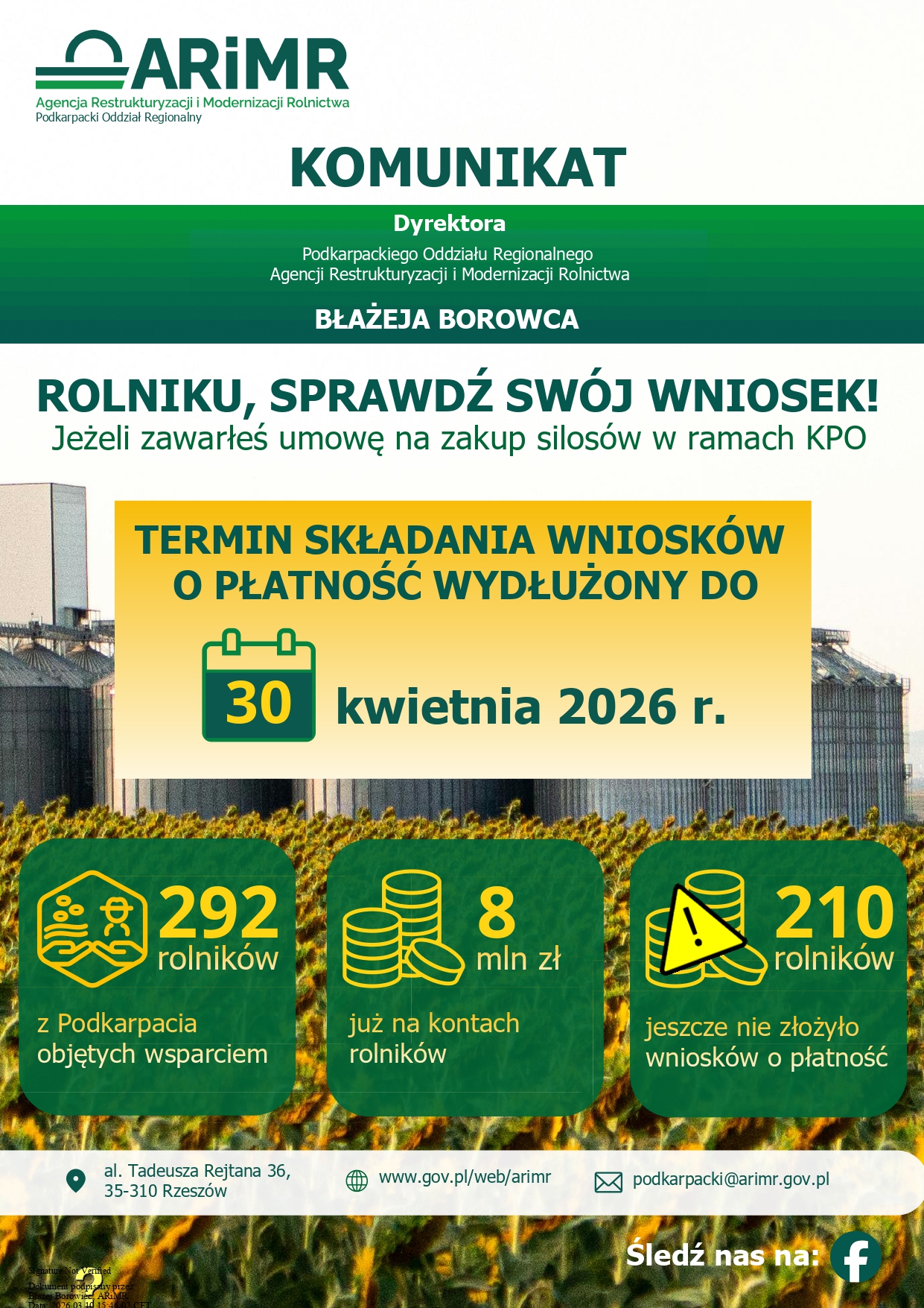 Kampania informacyjna skierowana do rolników, którzy podpisali z ARiMR umowy o objęcie przedsięwzięć wsparciem zakupu i montażu silosów wraz z wyposażeniem, do realizacji założonych inwestycji.