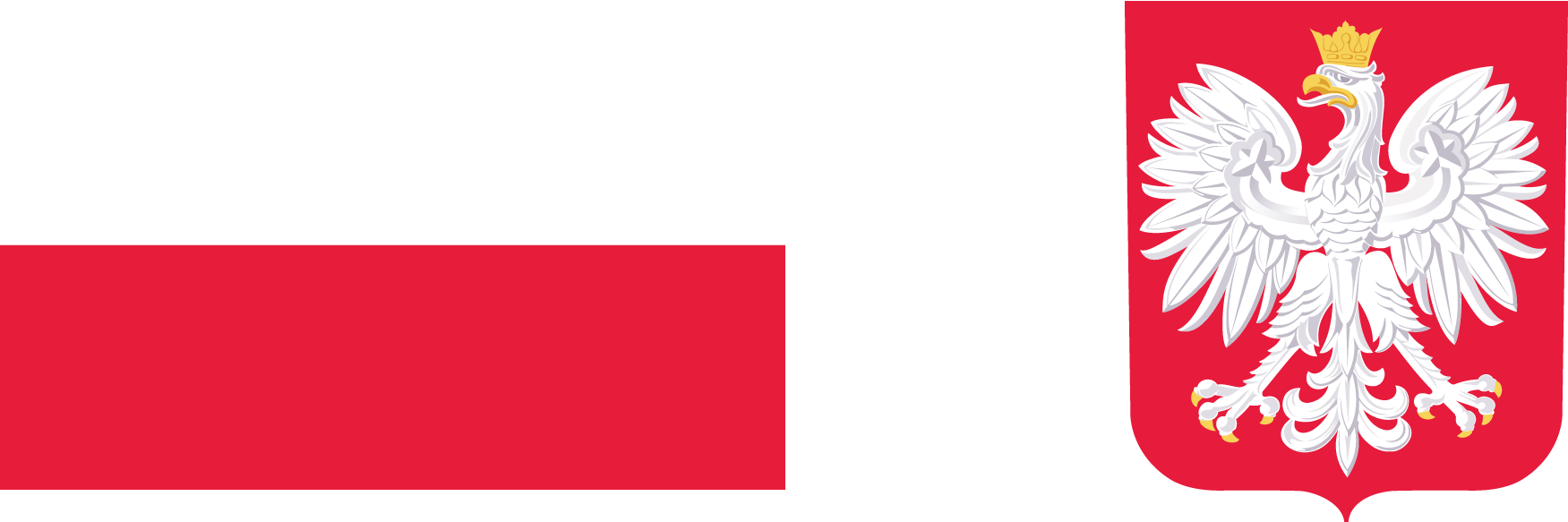 Po lewej stronie flaga Polski, poziome pasy, biały u góry, czerwony na dole. Po prawej stronie godło Polski, biały orzeł w koronie, z rozpostartymi skrzydłami i złotymi pazurami, na czerwonym tle w kształcie tarczy herbowej.