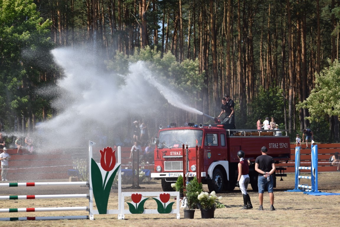 Na zdjęciu widać wóz strażacki z włączoną armatką.