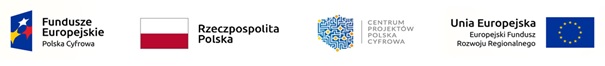 Na zdjęciu widnieją logotypy instytucji zaangażowanych w realizację projektów finansowanych z Funduszy Europejskich w ramach programu Polska Cyfrowa. Od lewej do prawej znajdują się Fundusze Europejskie Polska Cyfrowa, Flaga Rzeczypospolitej Polskiej z napisem Rzeczpospolita Polska, Logo Centrum Projektów Polska Cyfrowa, Unia Europejska Europejski Fundusz Rozwoju Regionalnego
