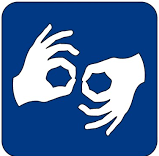 Logo języka migowego. Dwie ręce pokazujące znak migowy.