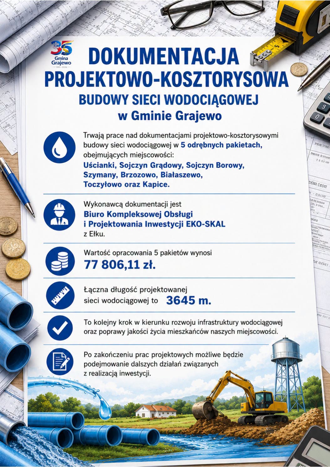 Dokumentacja projektowo-kosztorysowa budowy sieci wodociągowej w Gminie Grajewo