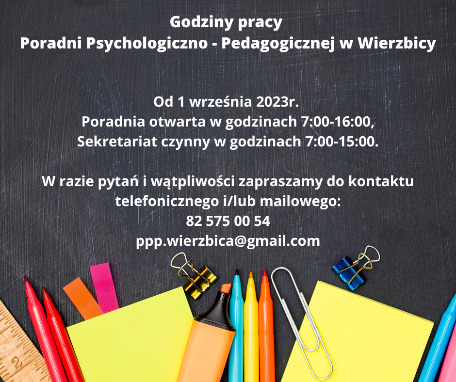 Godziny pracy Poradni Psychologiczno-Pedagogicznej w Wierzbicy