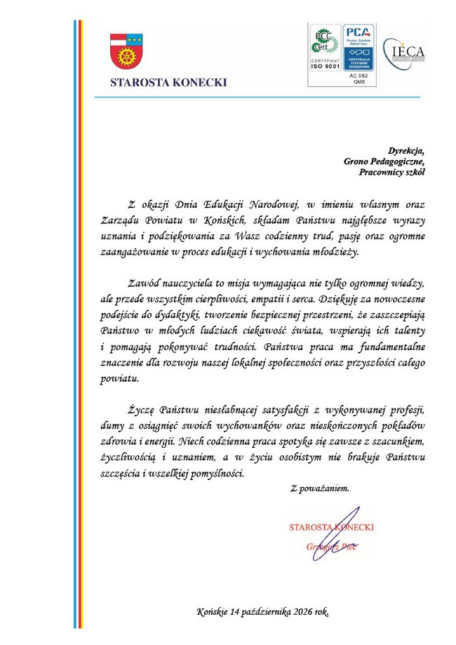 Życzenia Starosty Koneckiego