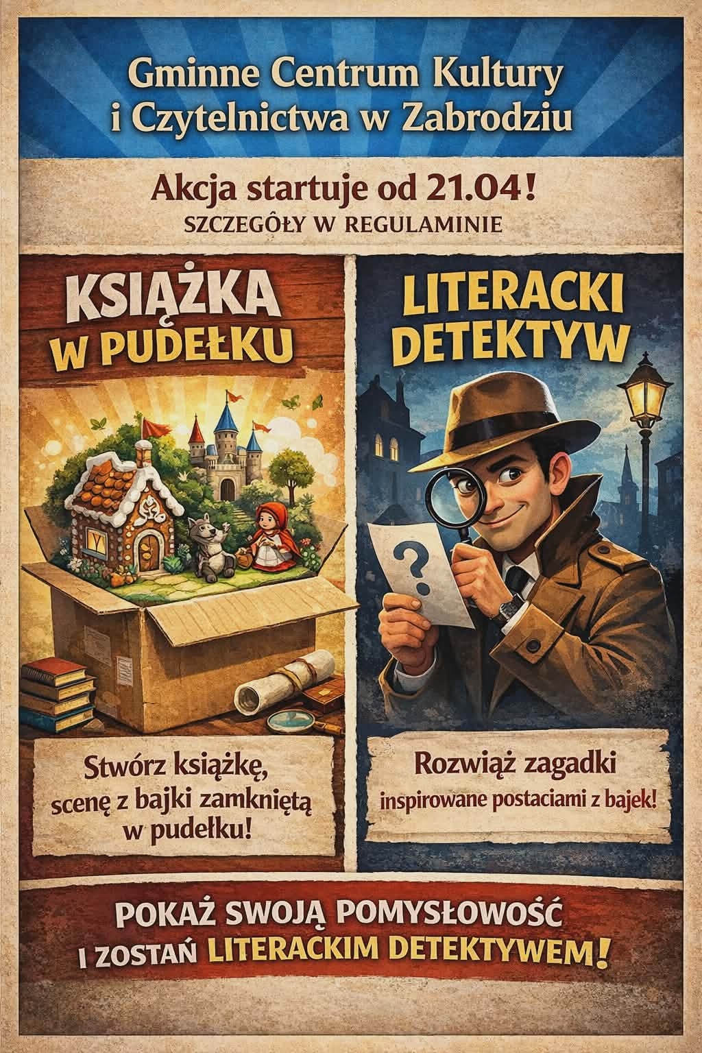 Gminne Centrum Kultury i Czytelnictwa w Zabrodziu. Akcja startuje od 21.04! Szczegóły w regulaminie. Książka w pudełku. Obrazek domku, wilka, czerwonego kapturka i zamku wystających z kartonowego pudełka. Literacki detektyw Obrazek osoby w płaszczu, kapeluszu trzymającego lupę i kartkę ze znakiem zapytania. Stwórz książkę, scenę z bajki zamkniętą w pudełku. Rozwiąż zagadki inspirowane postaciami z bajki