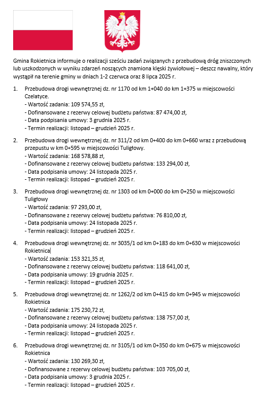  informacja o realizacji sześciu zadań