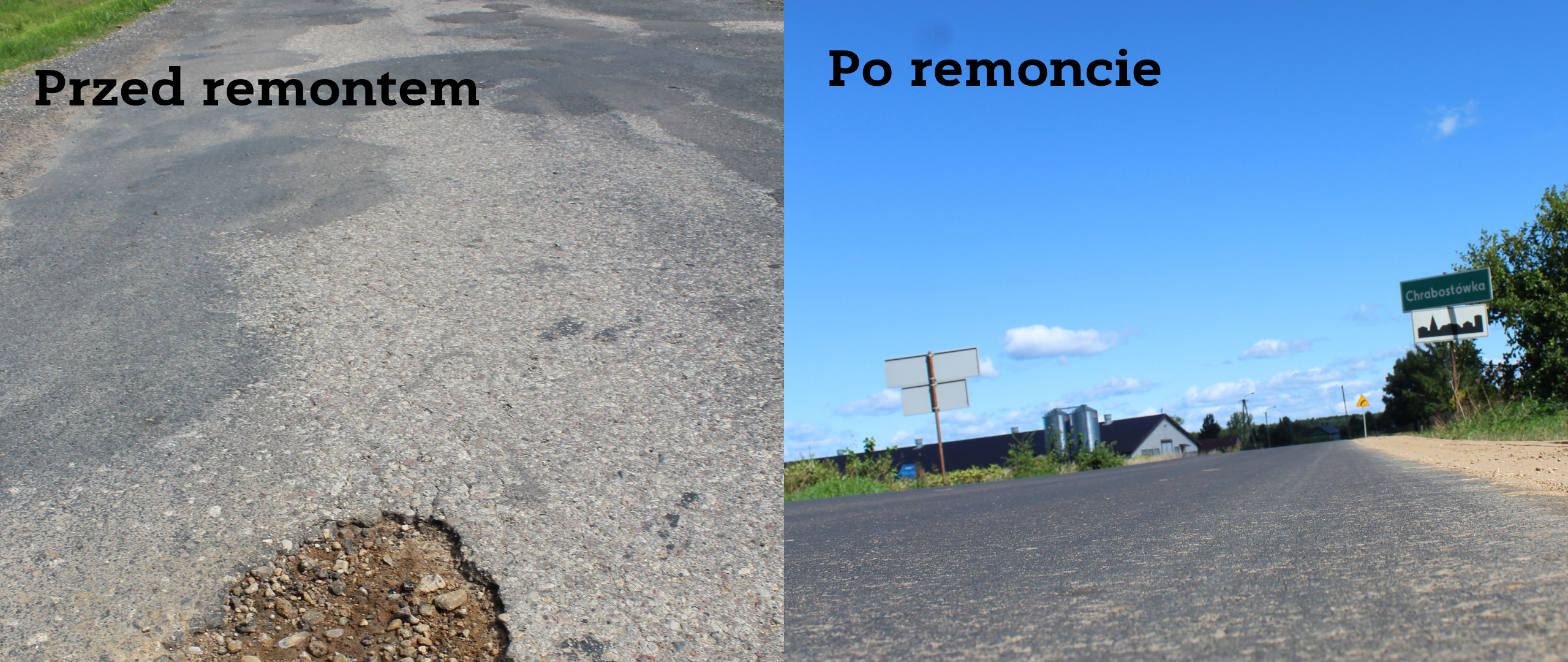 Kolaż zdjęć: po lewej droga 1628B na odcinku Kutowa – Chrabostówka przed remontem, po prawej droga po remoncie