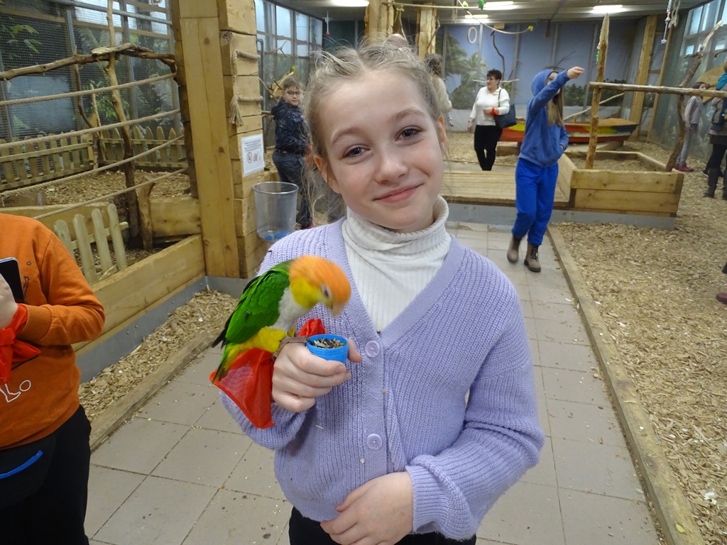 Zdjęcie przedstawia uśmiechniętą dziewczynkę, na ręku której siedzi malutka papużka o upierzeniu w kolorze żółtym, pomarańczowym, białym oraz zielonym. 