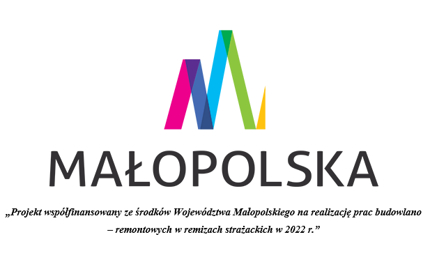 grafika przedstawia logo Małopolski wraz z napisem "Projekt współfinansowany ze środków Województwa Małopolskiego na realizacje prac budowlano- remontowych w remizach strażackich w 2022 r."
