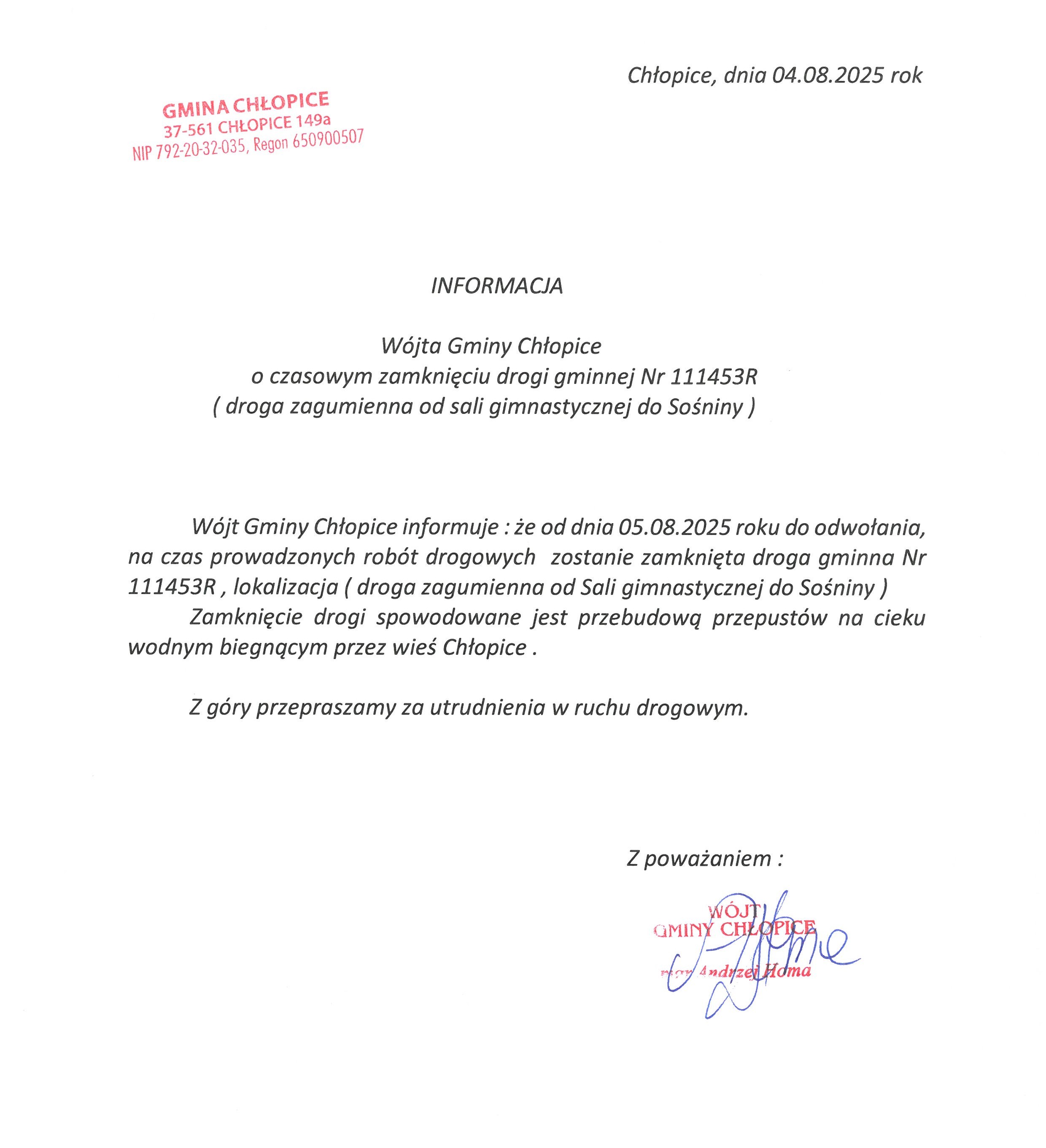 Informacja o czasowym zamknięciu drogi gminnej nr 11145R (droga zagumienna od sali gimnastycznej do Sośniny)