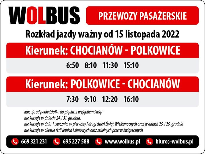 Rozkład jazdy na trasie Polkowice - Chocianów oraz Chocianów - Polkowice