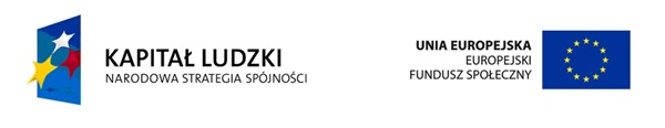 Na zdjęciu znajdują się dwa logotypy. Po lewej stronie Logo Programu Operacyjnego Kapitał Ludzki, który był częścią Narodowej Strategii Spójności w Polsce. Logo składa się z kolorowych gwiazdek (czerwonej, żółtej, niebieskiej i białej) symbolizujących różnorodność i współpracę. Po prawej stronie Logo Unii Europejskiej (flaga UE z 12 złotymi gwiazdami na niebieskim tle).
