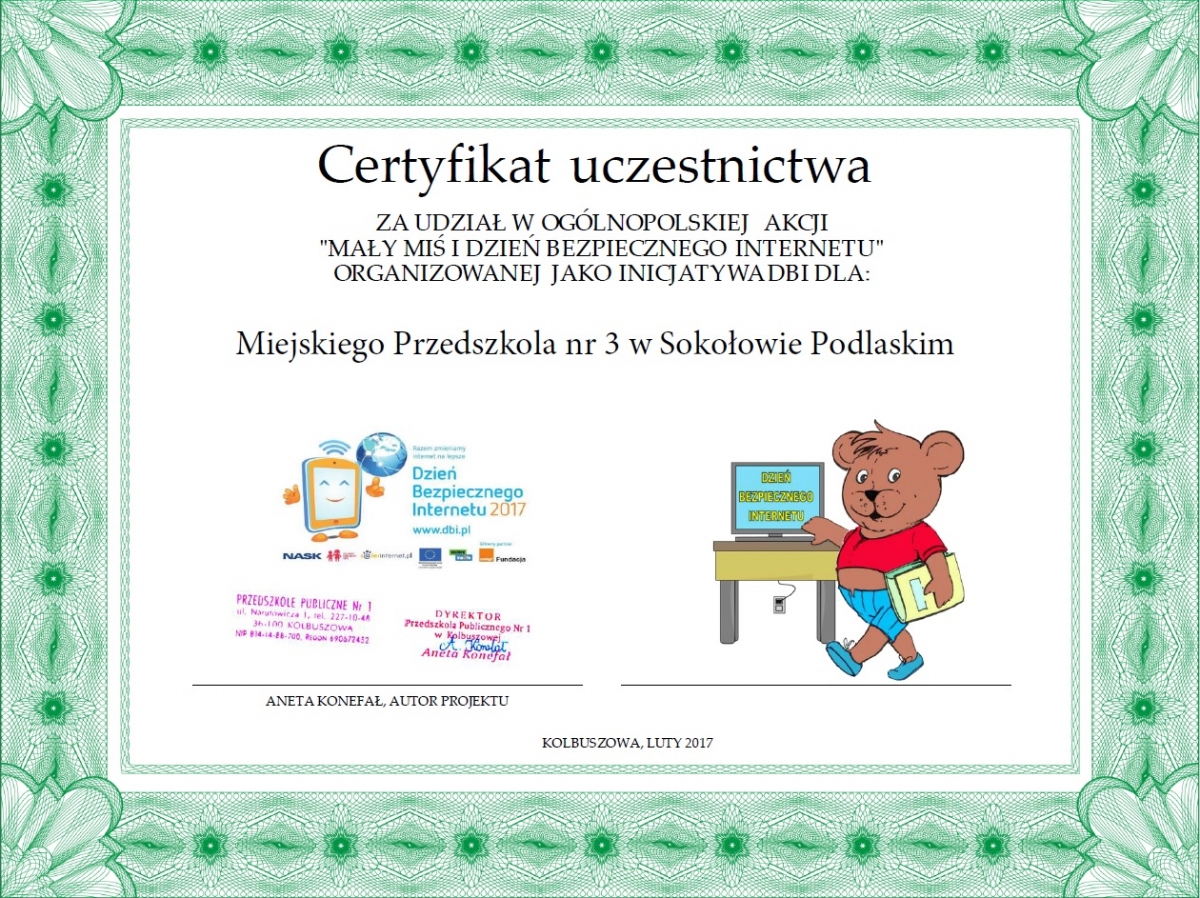 Certyfikat Uczestnictwa w akcji "Mały Miś i Dzień Bezpiecznego Internetu"