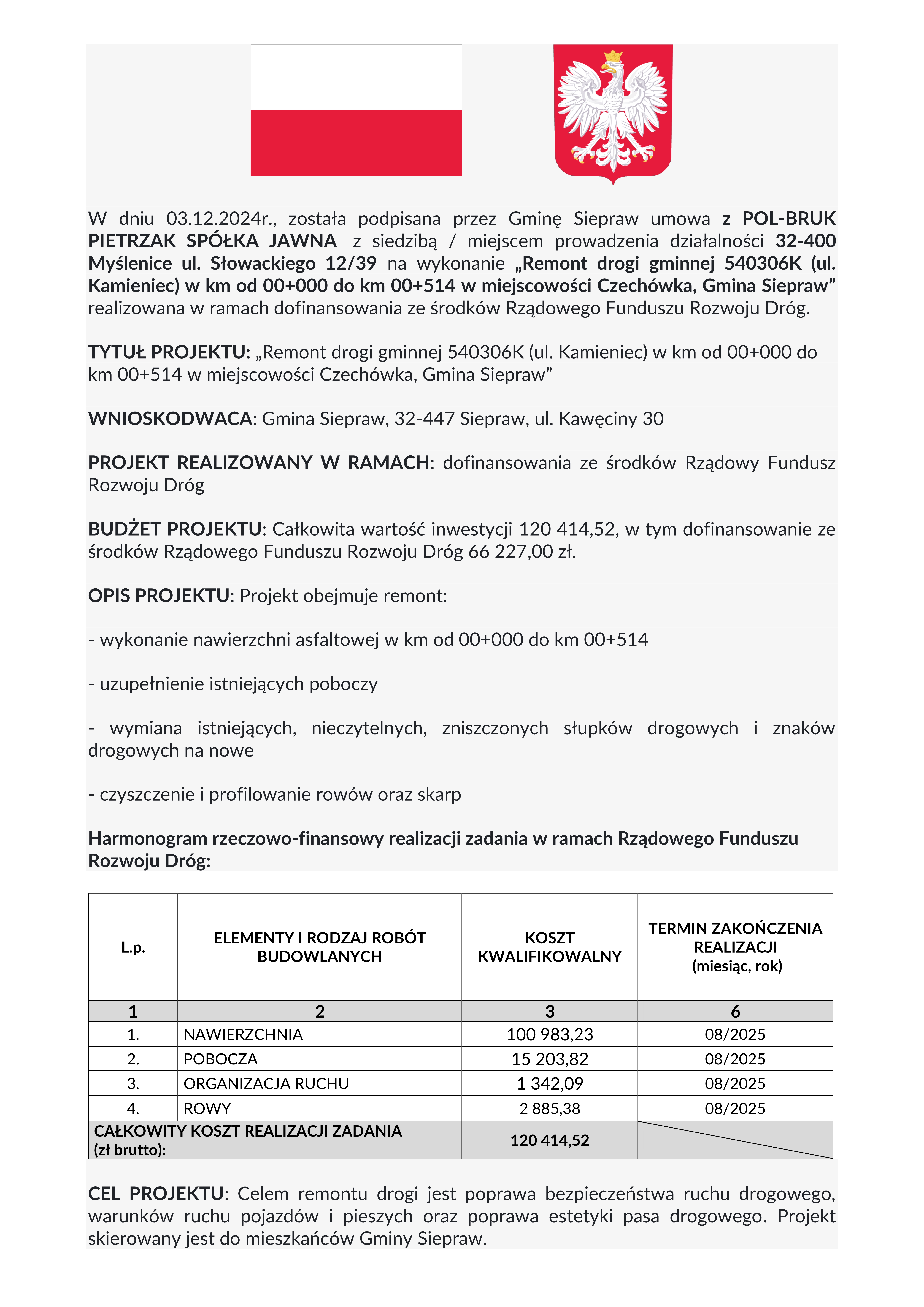 Załączony dokument to informacja dotycząca realizacji inwestycji drogowej wykonanej przez Gminę Siepraw, współfinansowanej ze środków Rządowego Funduszu Rozwoju Dróg.Celem remontu było zwiększenie bezpieczeństwa ruchu drogowego (zarówno pojazdów, jak i pieszych), poprawa estetyki pasa drogowego. Projekt był skierowany bezpośrednio do mieszkańców Gminy Siepraw.