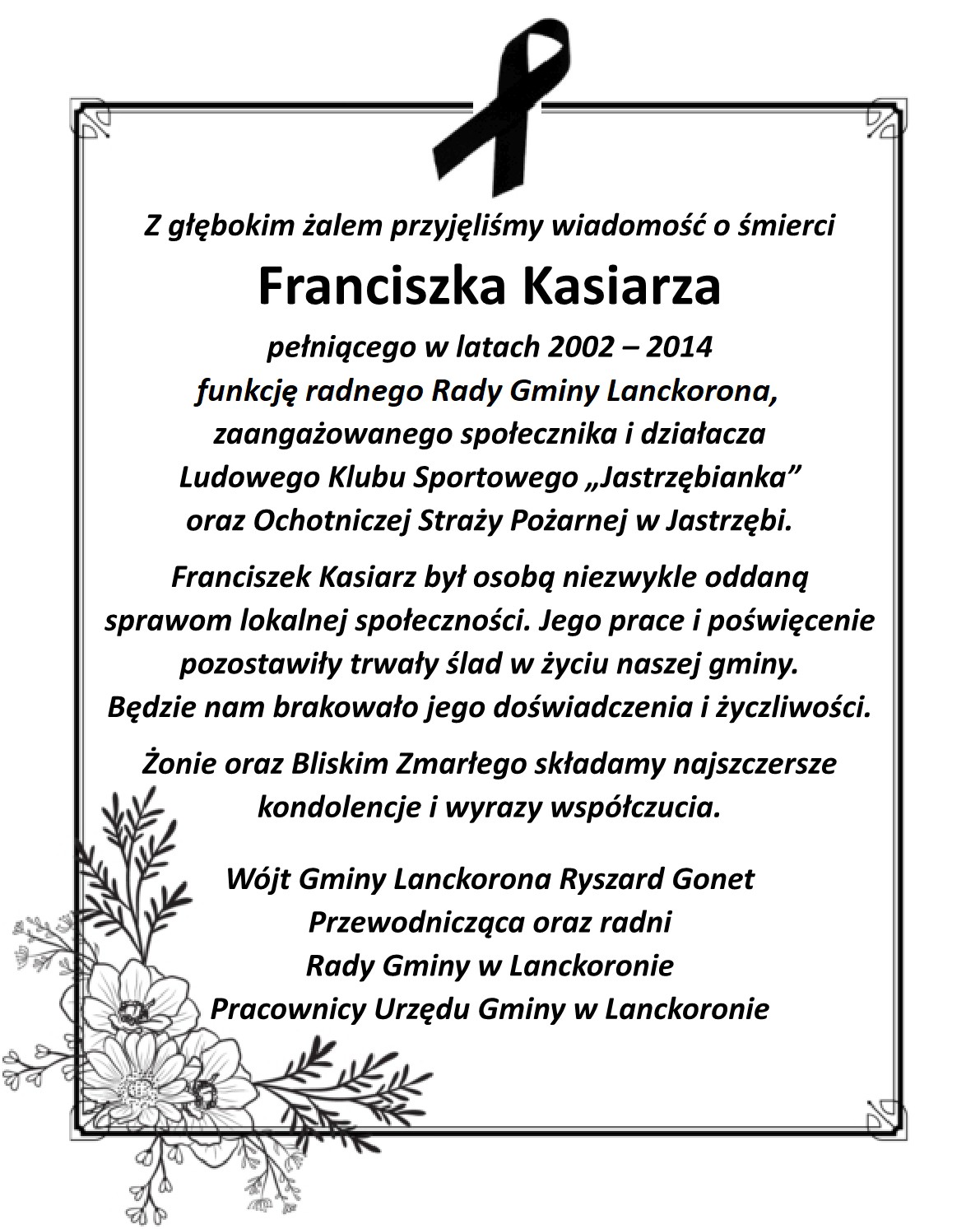 kondolencje Franciszek Kasiarz
