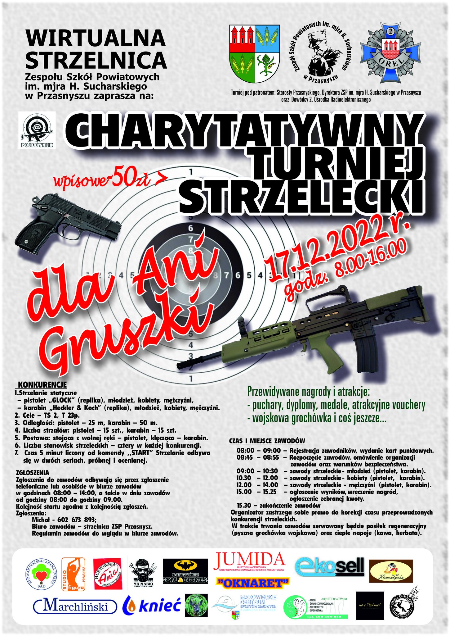 Grafika to plakat promujący charytatywny turniej strzelecki pod patronatem Starosty Krzysztofa Bieńkowskiego. Treść w artykule.