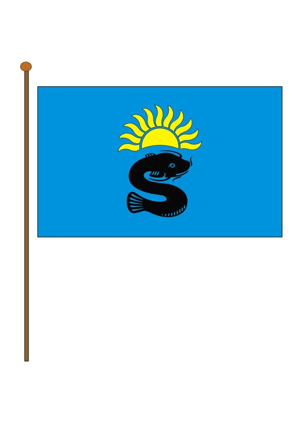 Płat flagi GMINY SOMIANKA jest poziomym prostokątem barwy błękitnej na którym centralnie umieszczone jest godło Gminy.