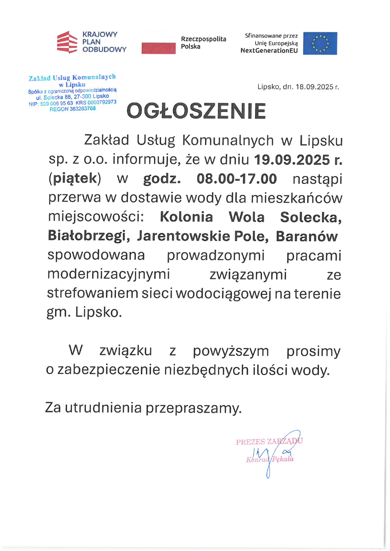 przerwa w dostawie wody