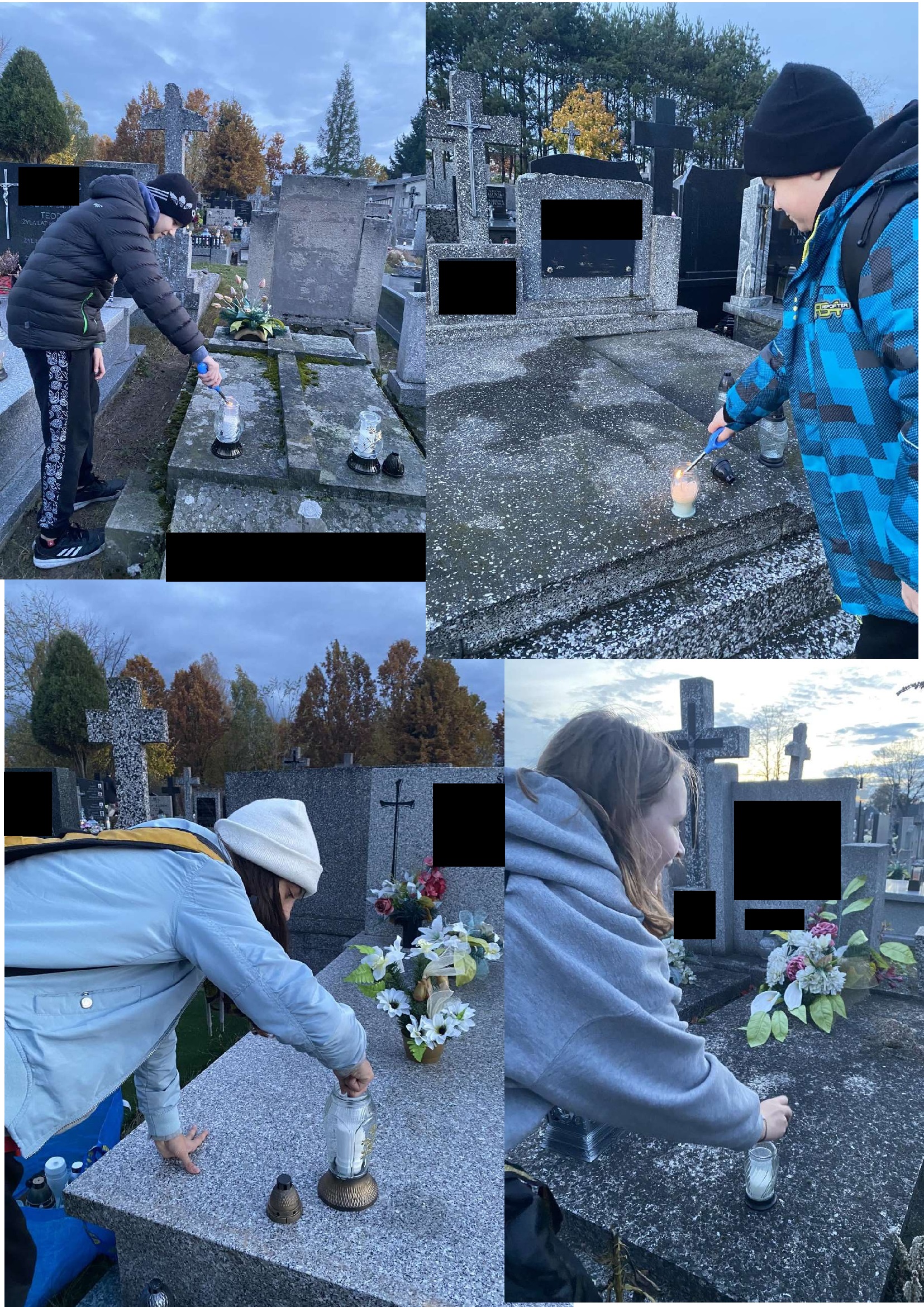 Po sprzątnięciu grobów wolontariusze zapalili na nich znicze