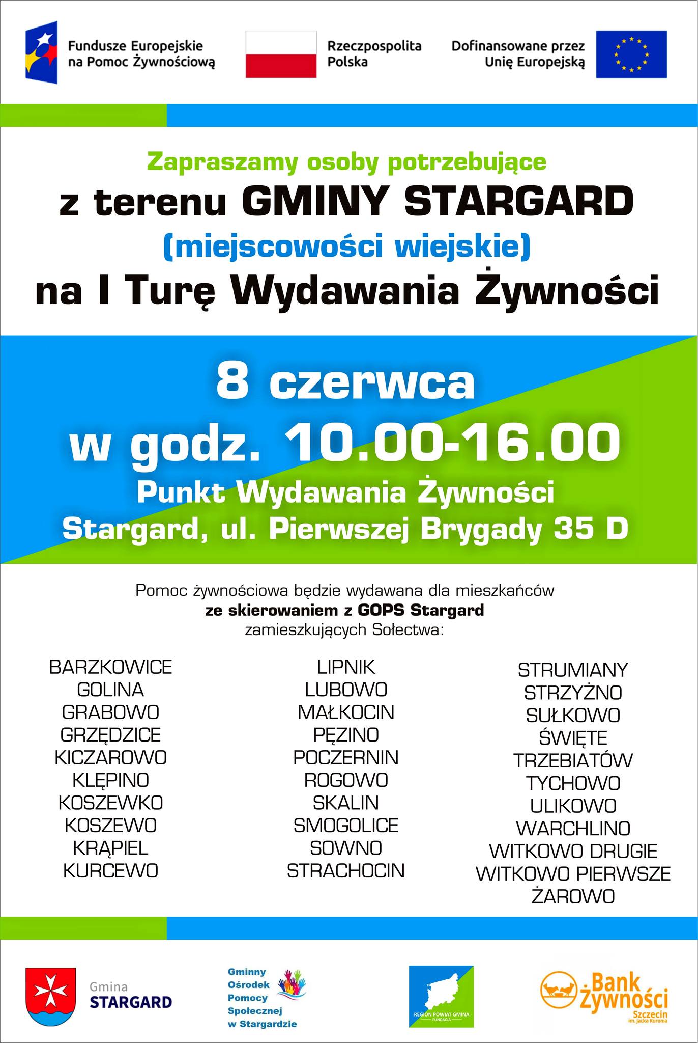 Plakat informujący o miejscu i zasadach wydawania żywności.