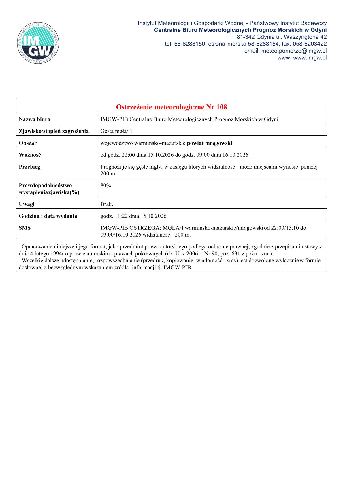 Ostrzeżenie meteorologiczne - mgła
