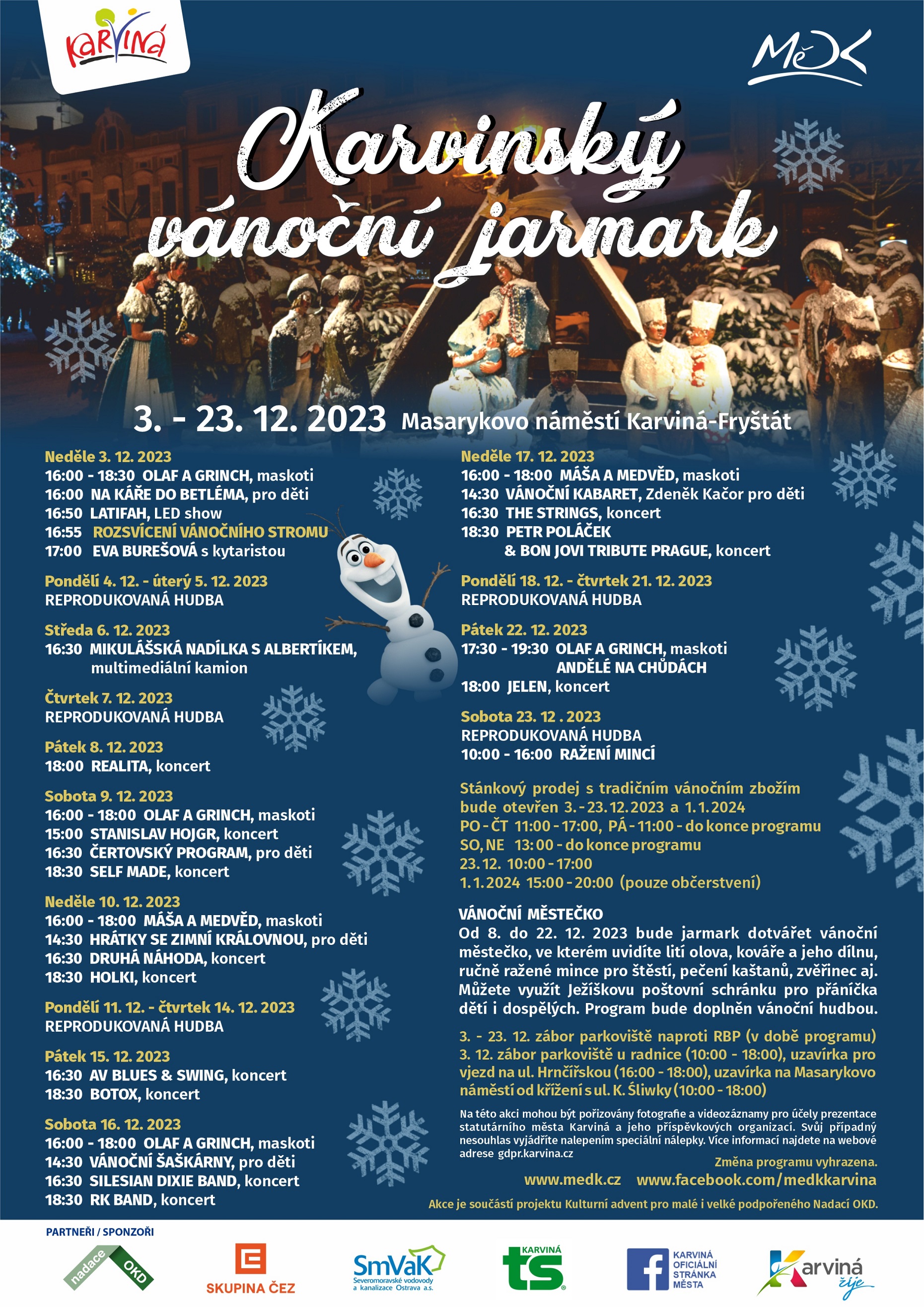 „Karwiński jarmark bożonarodzeniowy”. 3–23 grudnia 2023, Plac Masaryka, Karwina-Frysztat