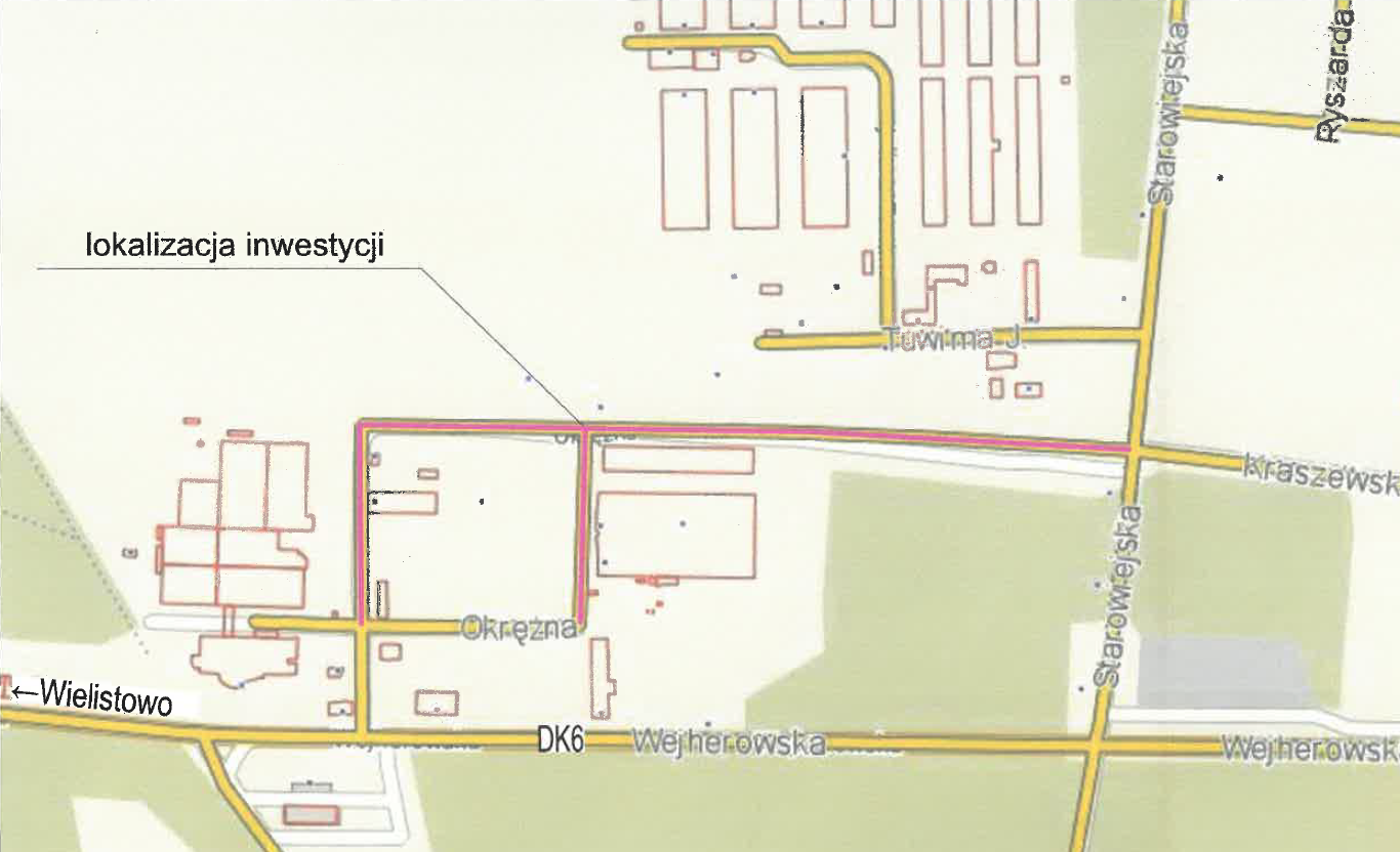 Mapa przedstawiająca lokalizację przebudowy ul. Okrężnej w Strzebielinie Osiedlu