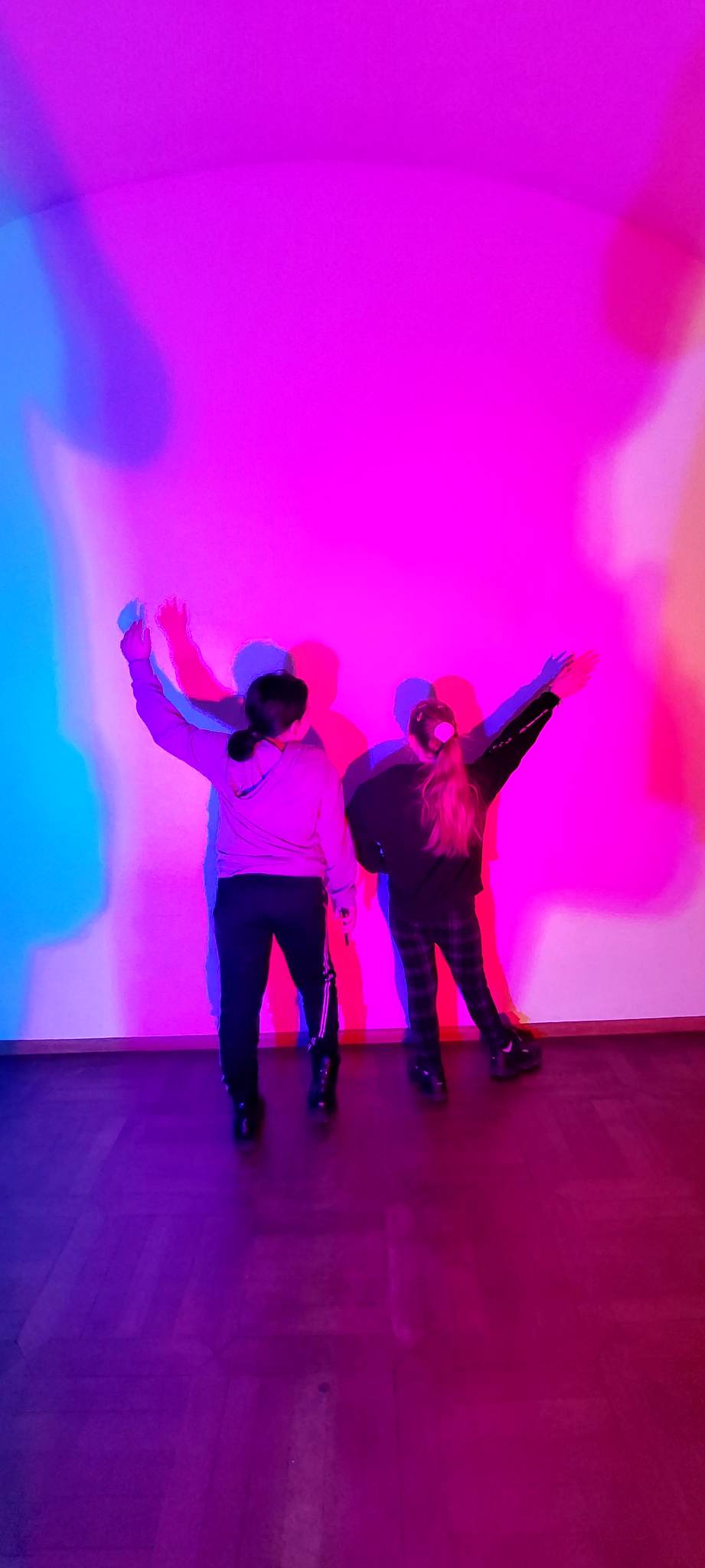Zdjęcie przedstawia dziewczynki, będące w pokoju gdzie na plecy pada im światło w dwóch kolorach, które odbija się o ścianę tworząc cień w dwóch odcieniach. 