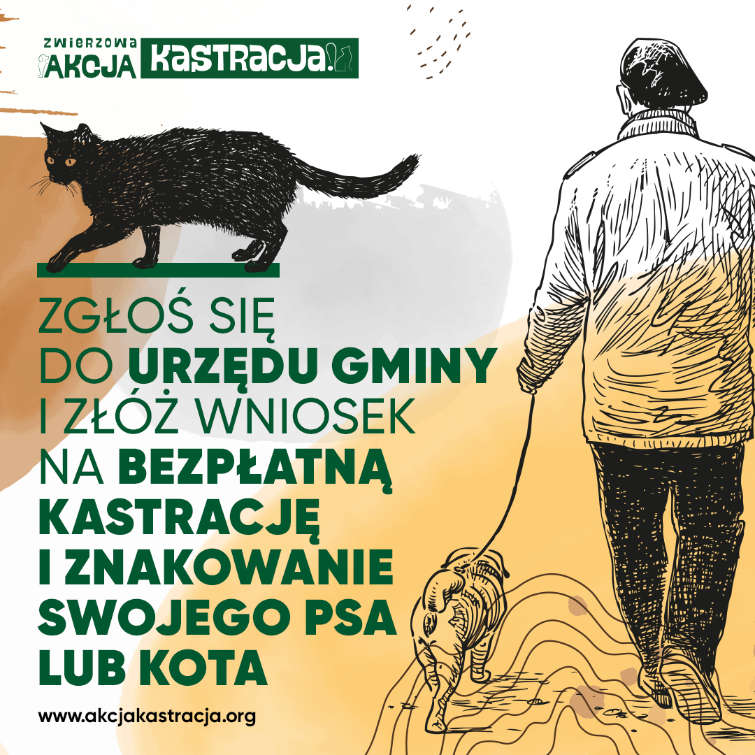 Logo akcji - Zwierzowa akcja kastracja na którym widać mężczyznę idącego z psem oraz czarnego kota.