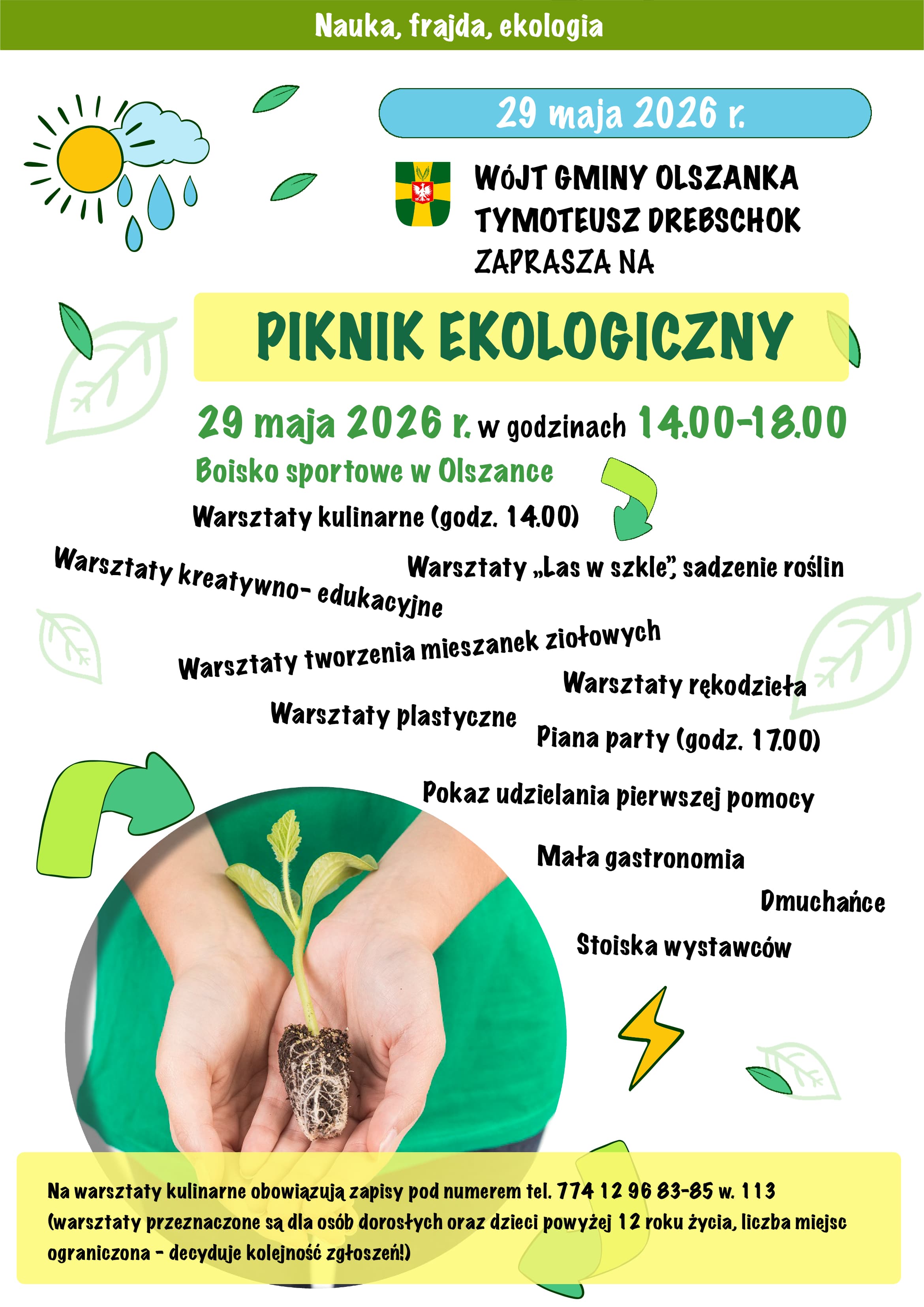 Plakat zapraszający na Piknik Ekologiczny 29 maja 2026 r. w Olszance. Program obejmuje warsztaty kulinarne, edukacyjne, plastyczne, pokaz pierwszej pomocy i małą gastronomię.
