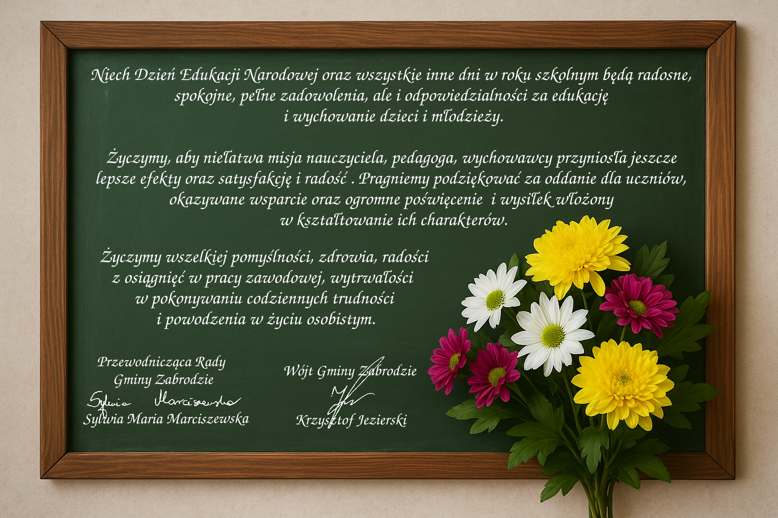 Niech Dzień Edukacji Narodowej oraz wszystkie inne dni w roku szkolnym będą radosne, spokojne, pełne zadowolenia, ale i odpowiedzialności za edukację i wychowanie dzieci i młodzieży. Życzę, aby niełatwa misja nauczyciela, pedagoga, wychowawcy przyniosła jeszcze lepsze efekty oraz satysfakcję i radość . Pragnę podziękować za oddanie dla uczniów, okazywane wsparcie oraz ogromne poświęcenie i wysiłek włożony w kształtowanie ich charakterów. Życzę wszelkiej pomyślności, zdrowia, radości z osiągnięć w pracy zawodowej, wytrwałości w pokonywaniu codziennych trudności i powodzenia w życiu osobistym.
