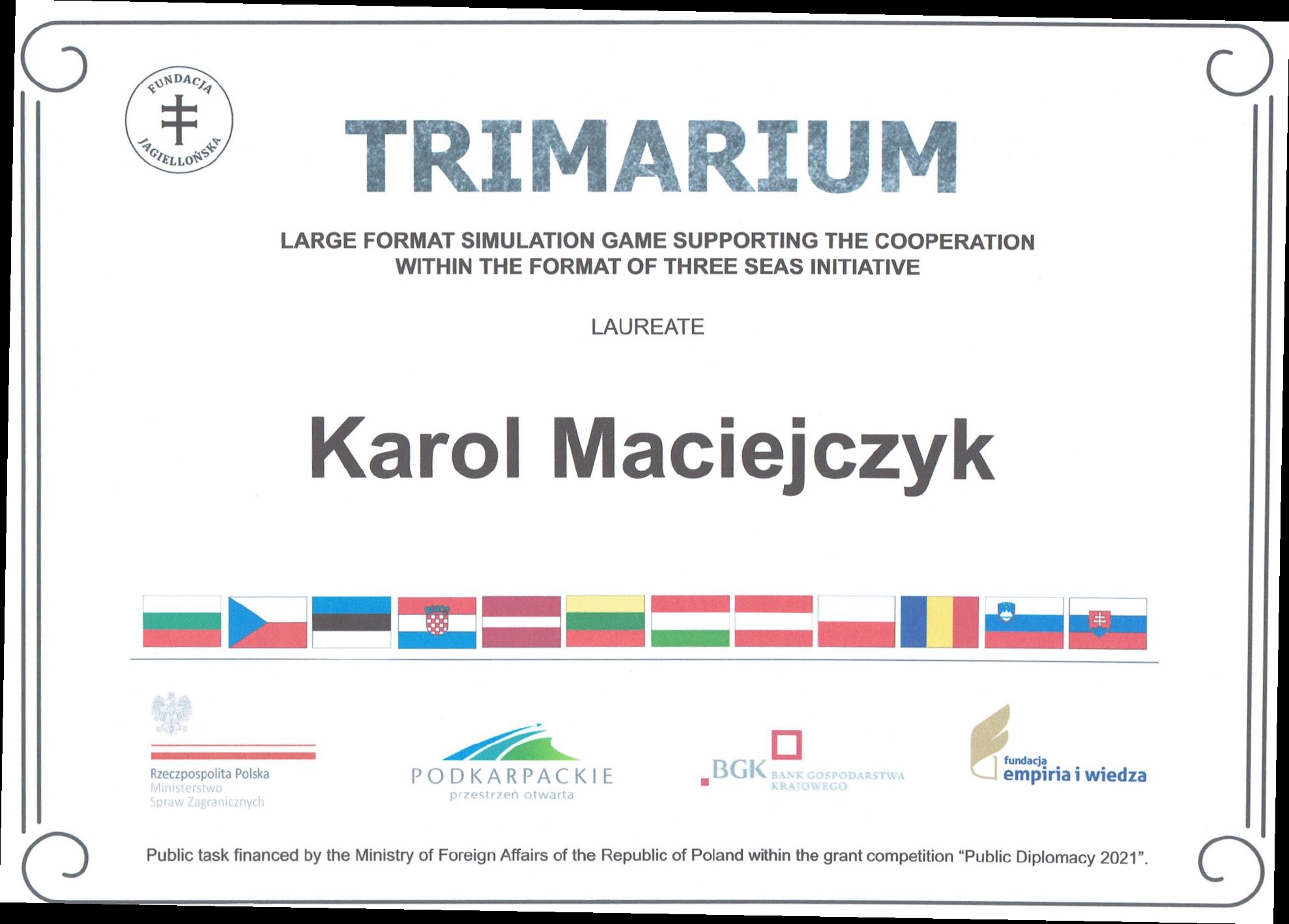 Dyplom Karola Maciejczyka (3PA) - laureata konkursu