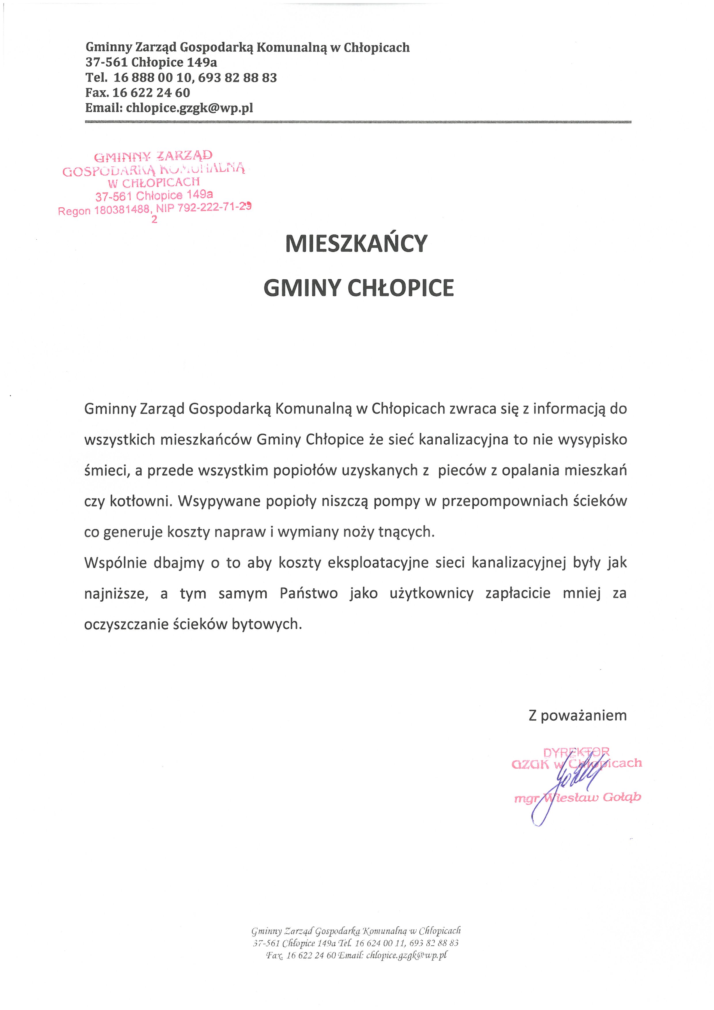 Informacja Dyrektora Gminnego Zarządu Gospodarką Komunalną w Chłopicach