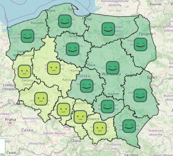 Mapa polski z podziałem na województwa z zielonymi buziami