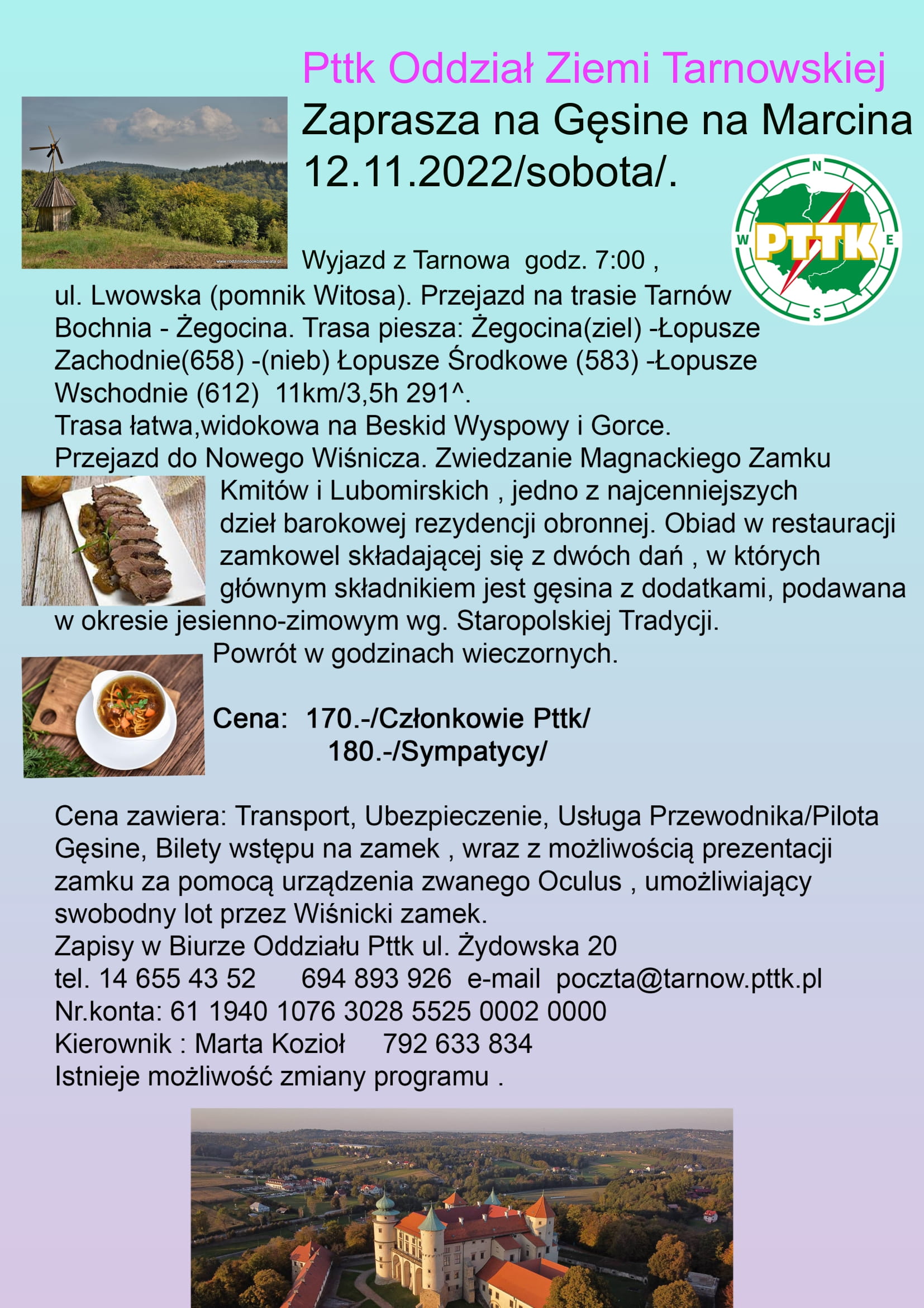 Grafika przedstawia informacje dotyczące oferty wyjazdowej do Nowego Wiśnicza organizowanej przez PTTK w Tarnowie