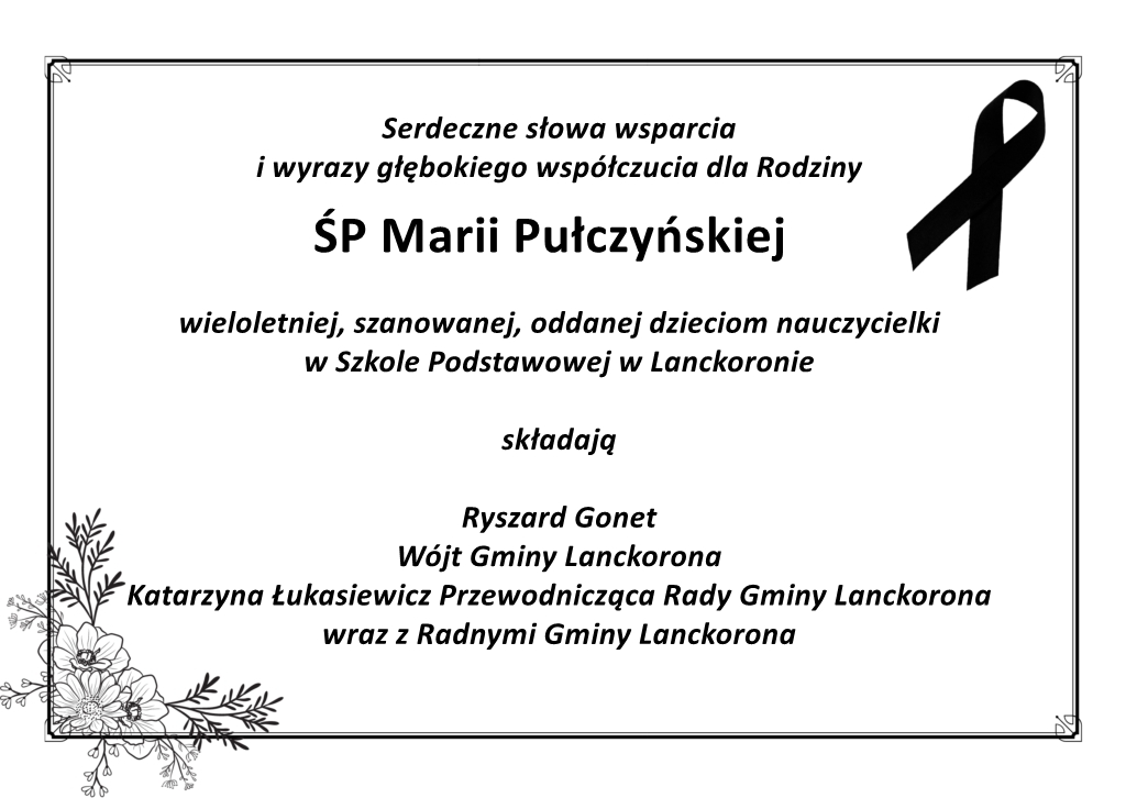 Kondolencje świętej pamięci Marii Pułczyńskiej