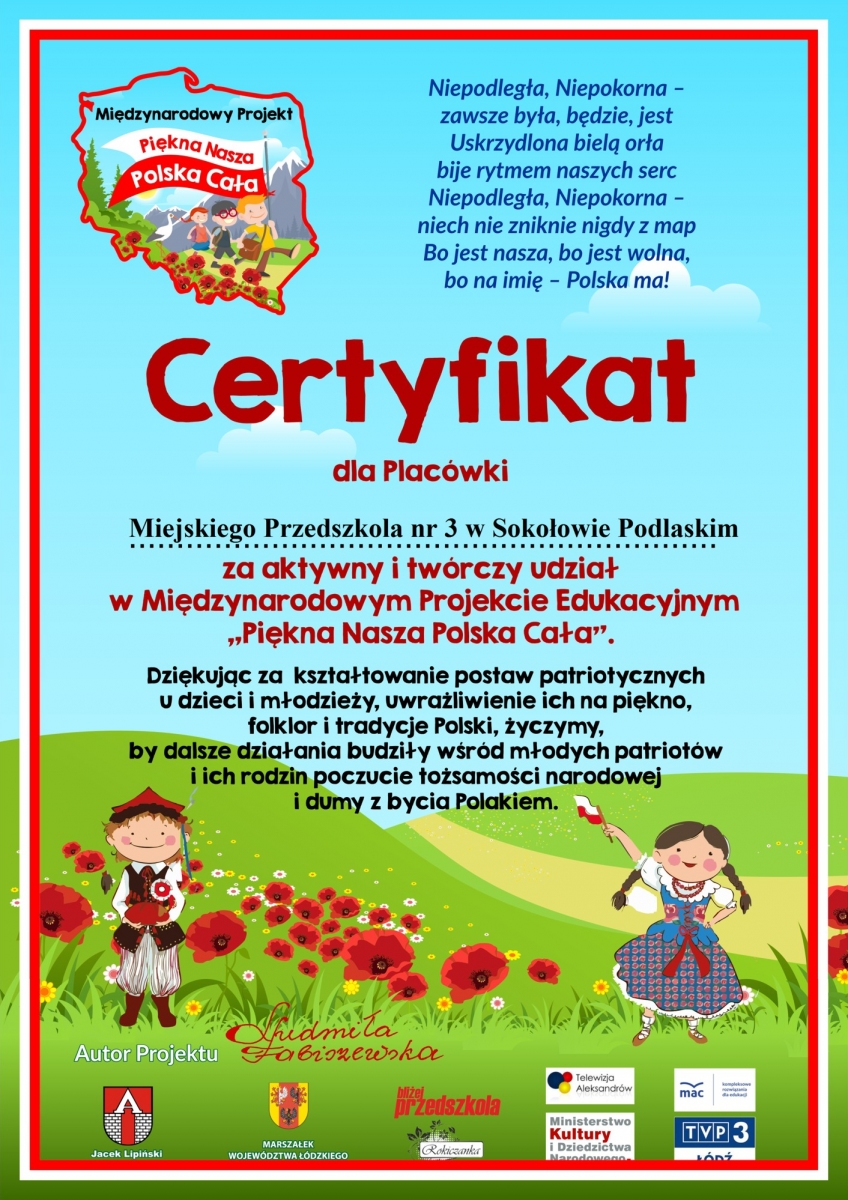 certyfikat za aktywny i twórczy udział w projekcie "Piękna Nasza Polska Cała"