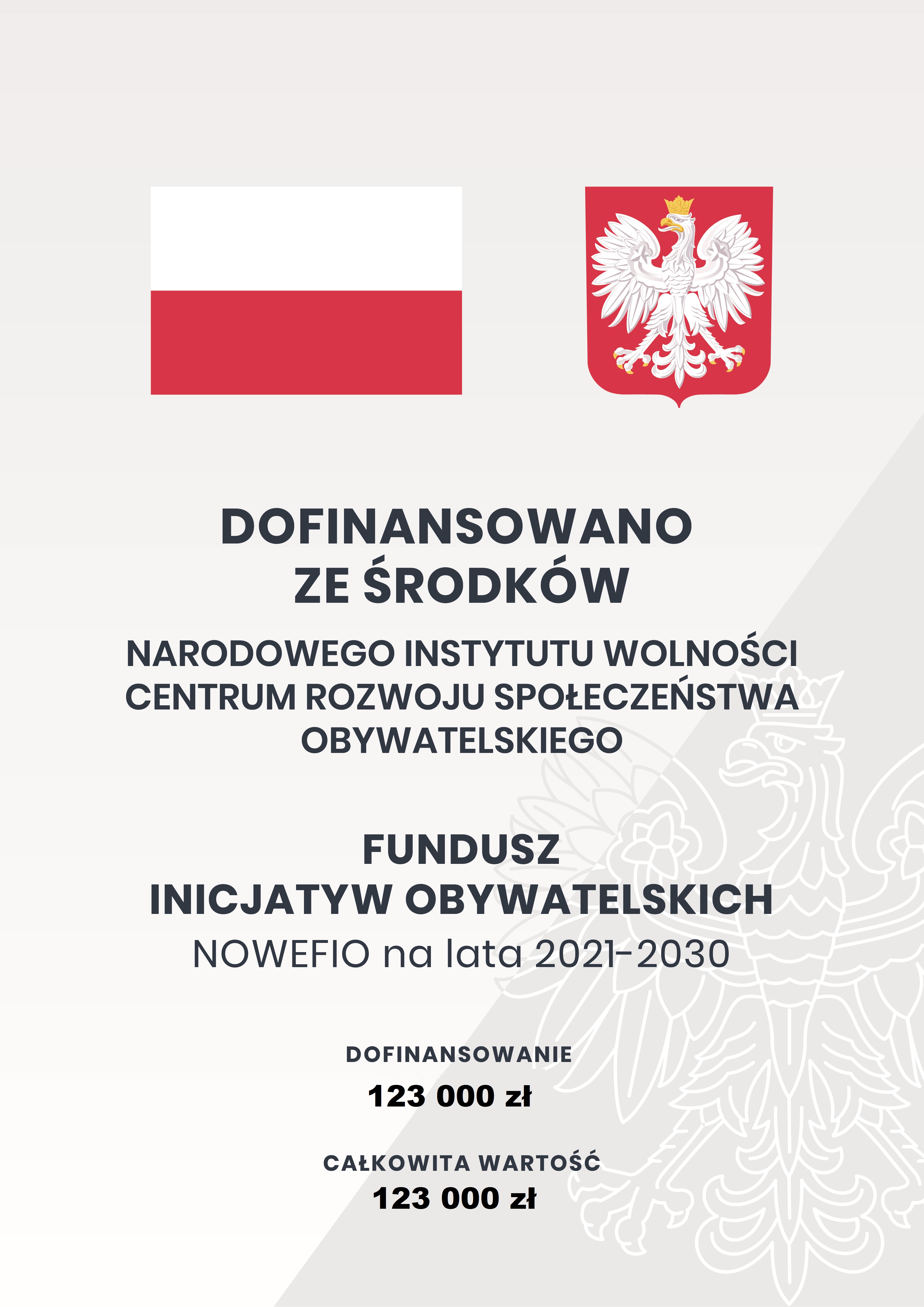 Tablica informacyjna o dofinansowaniu ze środków Narodowego Instytutu Wolności – Centrum Rozwoju Społeczeństwa Obywatelskiego w ramach Rządowego Programu Fundusz Inicjatyw Obywatelskich NOWEFIO na lata 2021-2030