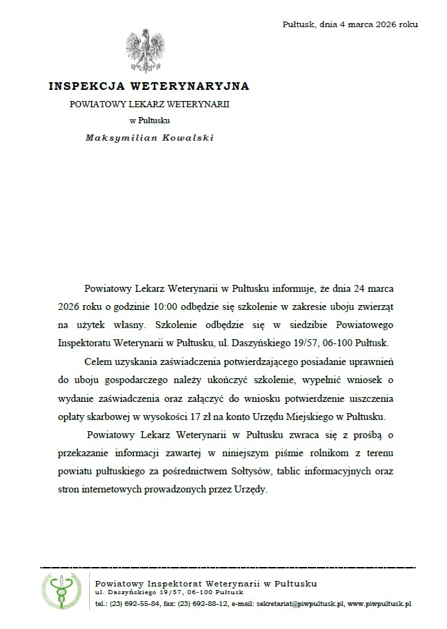 Szkolenie w zakresie uboju zwierząt na użytek własny
